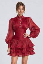 Stand Collar Lantern Sleeve Tiered Ruffle Mini Dresses-Burgundy [Pre Order]