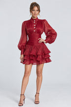 Stand Collar Lantern Sleeve Tiered Ruffle Mini Dresses-Burgundy [Pre Order]