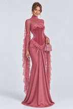 High Neck Lace Long Sleeve Velvet Patchwork Maxi Dresses-Pink [Pre Order]
