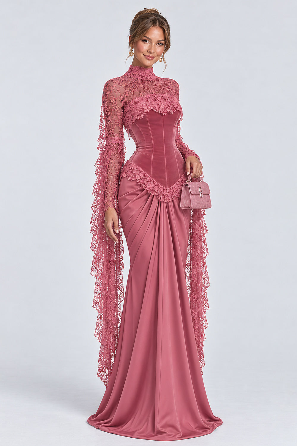 High Neck Lace Long Sleeve Velvet Patchwork Maxi Dresses-Pink [Pre Order]
