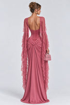 High Neck Lace Long Sleeve Velvet Patchwork Maxi Dresses-Pink [Pre Order]