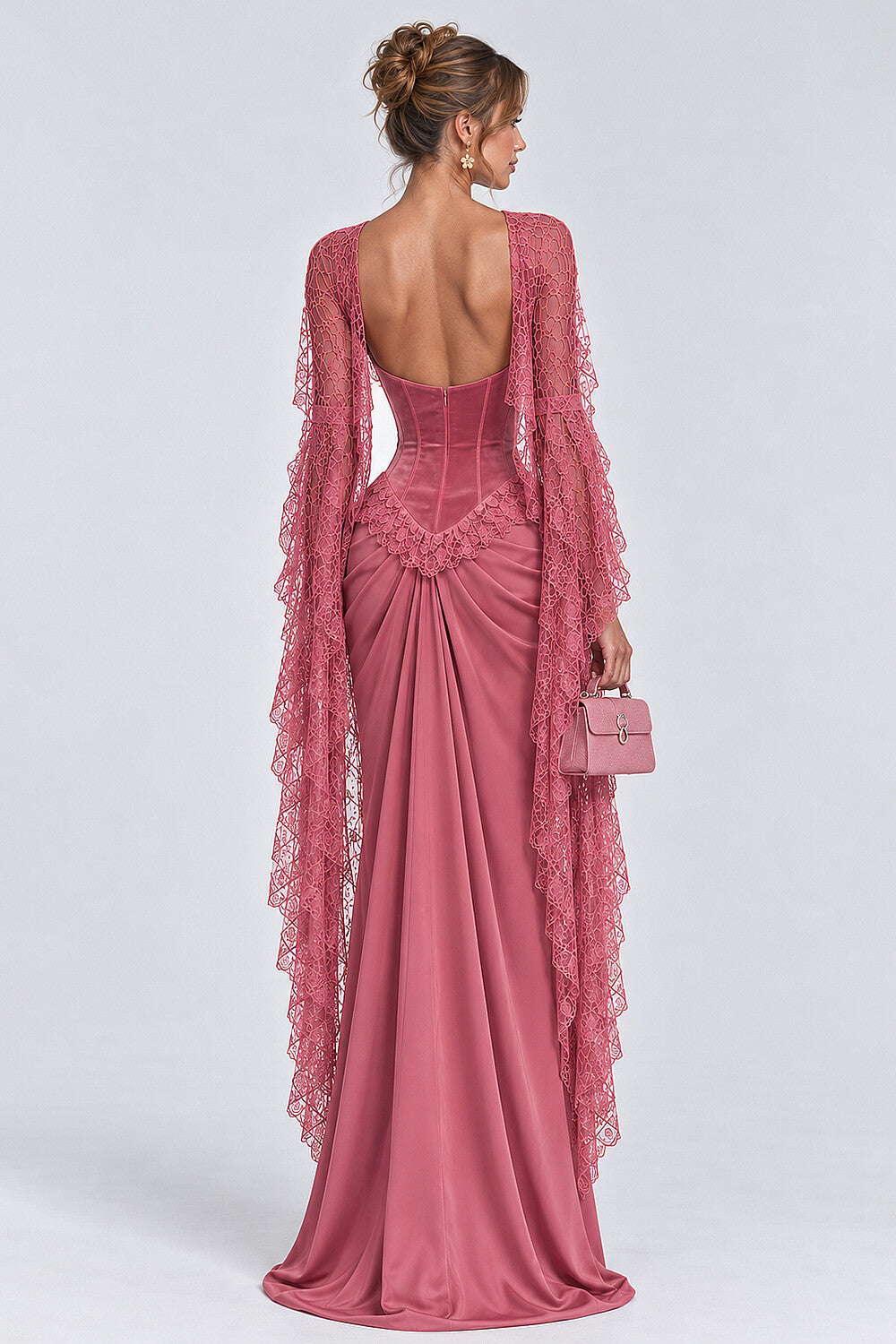 High Neck Lace Long Sleeve Velvet Patchwork Maxi Dresses-Pink [Pre Order]