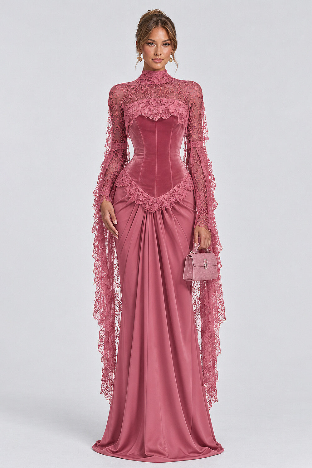 High Neck Lace Long Sleeve Velvet Patchwork Maxi Dresses-Pink [Pre Order]
