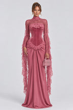 High Neck Lace Long Sleeve Velvet Patchwork Maxi Dresses-Pink [Pre Order]