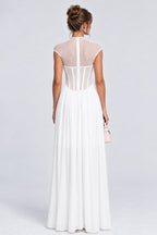 Mock Neck Cap Sleeve Sheer Mesh Corset Maxi Dresses-White [Pre Order]