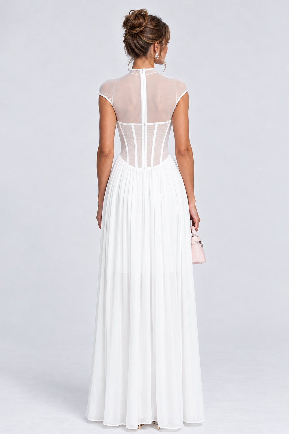 Mock Neck Cap Sleeve Sheer Mesh Corset Maxi Dresses-White [Pre Order]