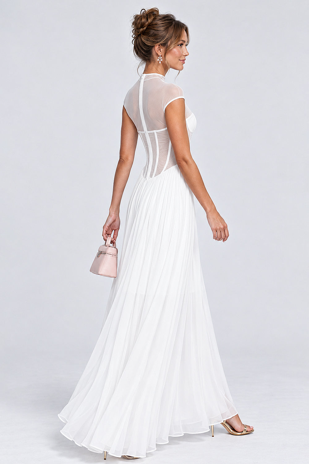 Mock Neck Cap Sleeve Sheer Mesh Corset Maxi Dresses-White [Pre Order]