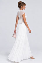 Mock Neck Cap Sleeve Sheer Mesh Corset Maxi Dresses-White [Pre Order]