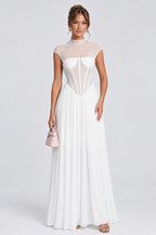 Mock Neck Cap Sleeve Sheer Mesh Corset Maxi Dresses-White [Pre Order]