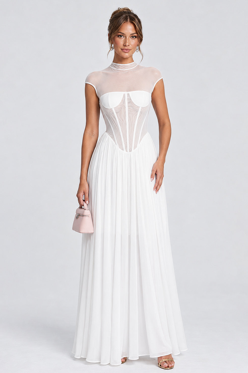 Mock Neck Cap Sleeve Sheer Mesh Corset Maxi Dresses-White [Pre Order]
