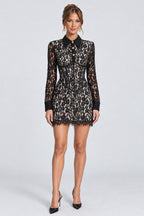 Turndown Collar Long Sleeve Lace Bodycon Mini Dresses-Black [Pre Order]