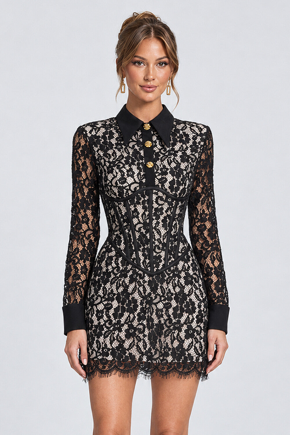 Turndown Collar Long Sleeve Lace Bodycon Mini Dresses-Black [Pre Order]