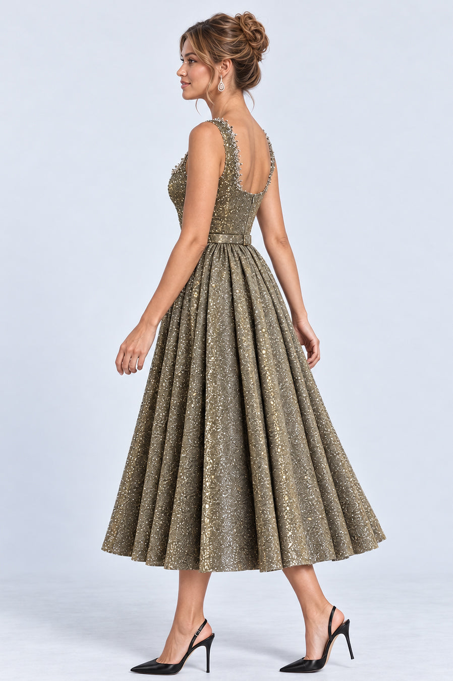 Glitter Square Neck Beaded Wide Straps A-Line Midi Dresses-Gold [Pre Order]