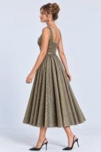 Glitter Square Neck Beaded Wide Straps A-Line Midi Dresses-Gold [Pre Order]