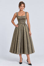 Glitter Square Neck Beaded Wide Straps A-Line Midi Dresses-Gold [Pre Order]