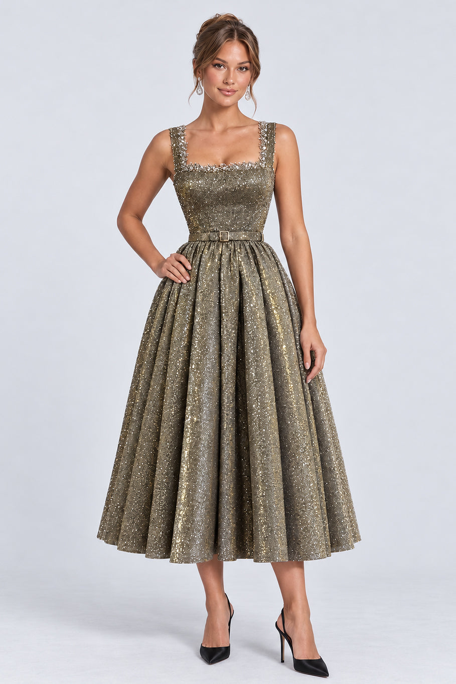 Glitter Square Neck Beaded Wide Straps A-Line Midi Dresses-Gold [Pre Order]
