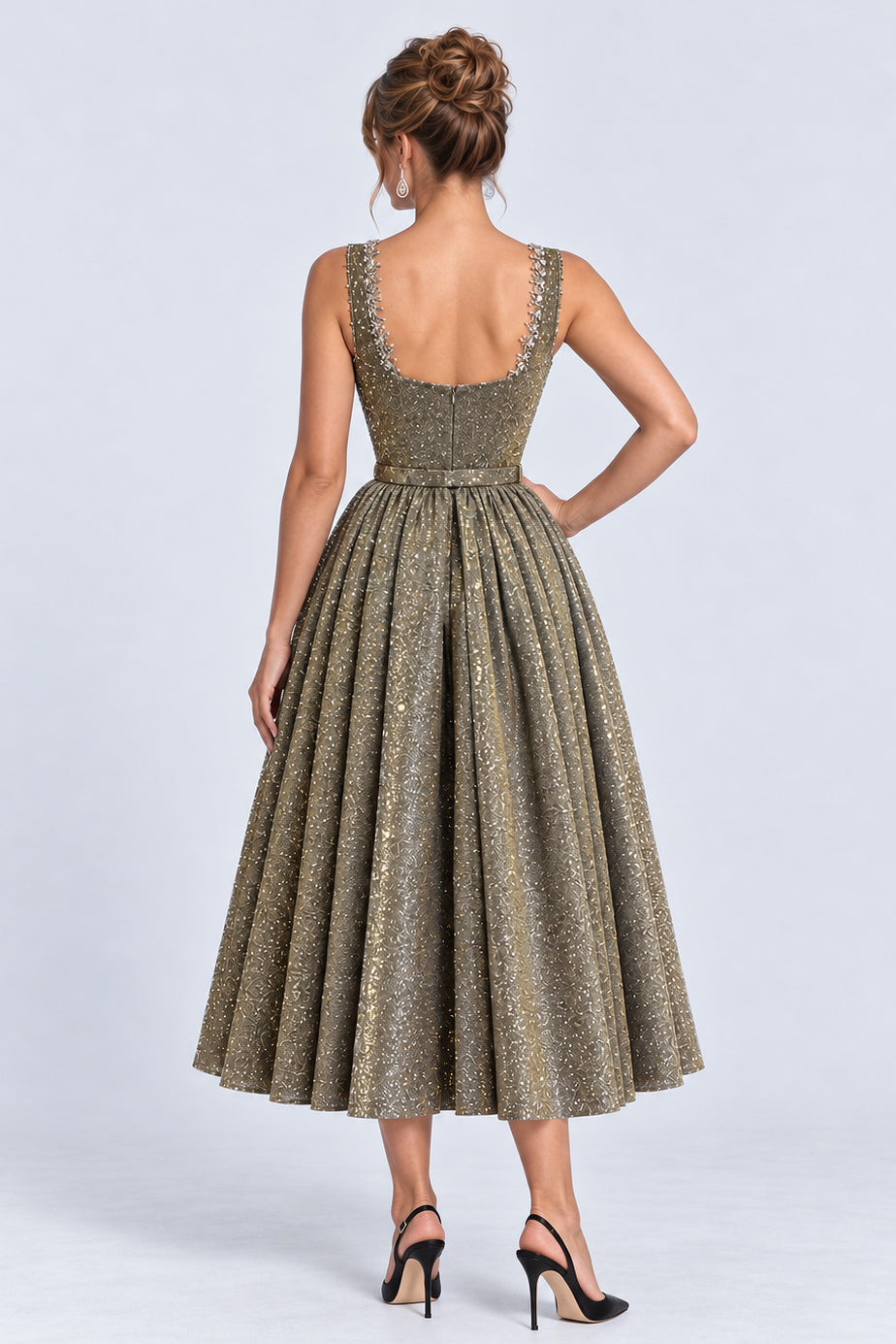Glitter Square Neck Beaded Wide Straps A-Line Midi Dresses-Gold [Pre Order]