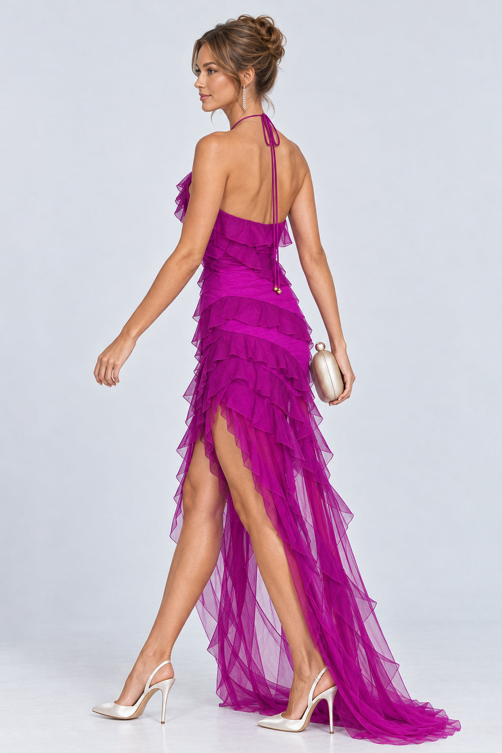 Halter Asymmetrical Ruffled Tulle Hem Maxi Dresses-Fuchsia [Pre Order]