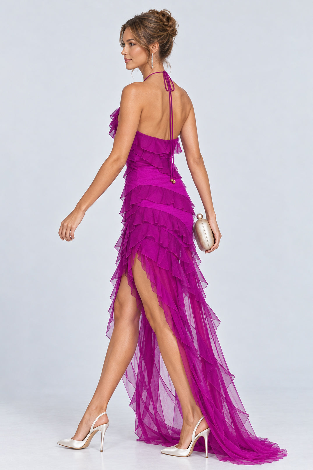 Halter Asymmetrical Ruffled Tulle Hem Maxi Dresses-Fuchsia [Pre Order]