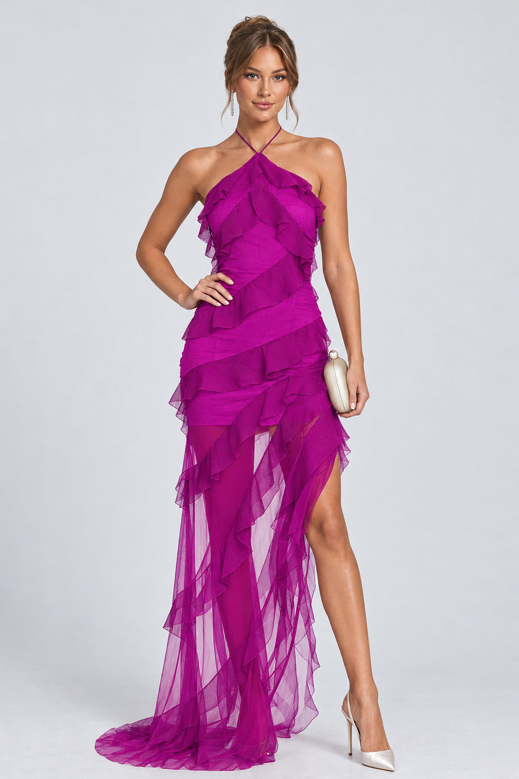 Halter Asymmetrical Ruffled Tulle Hem Maxi Dresses-Fuchsia [Pre Order]
