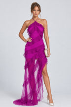 Halter Asymmetrical Ruffled Tulle Hem Maxi Dresses-Fuchsia [Pre Order]