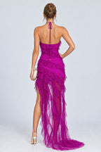 Halter Asymmetrical Ruffled Tulle Hem Maxi Dresses-Fuchsia [Pre Order]
