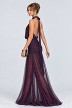 Glitter Halter Backless Ruched Semi-Sheer Maxi Dresses-Purple [Pre Order]