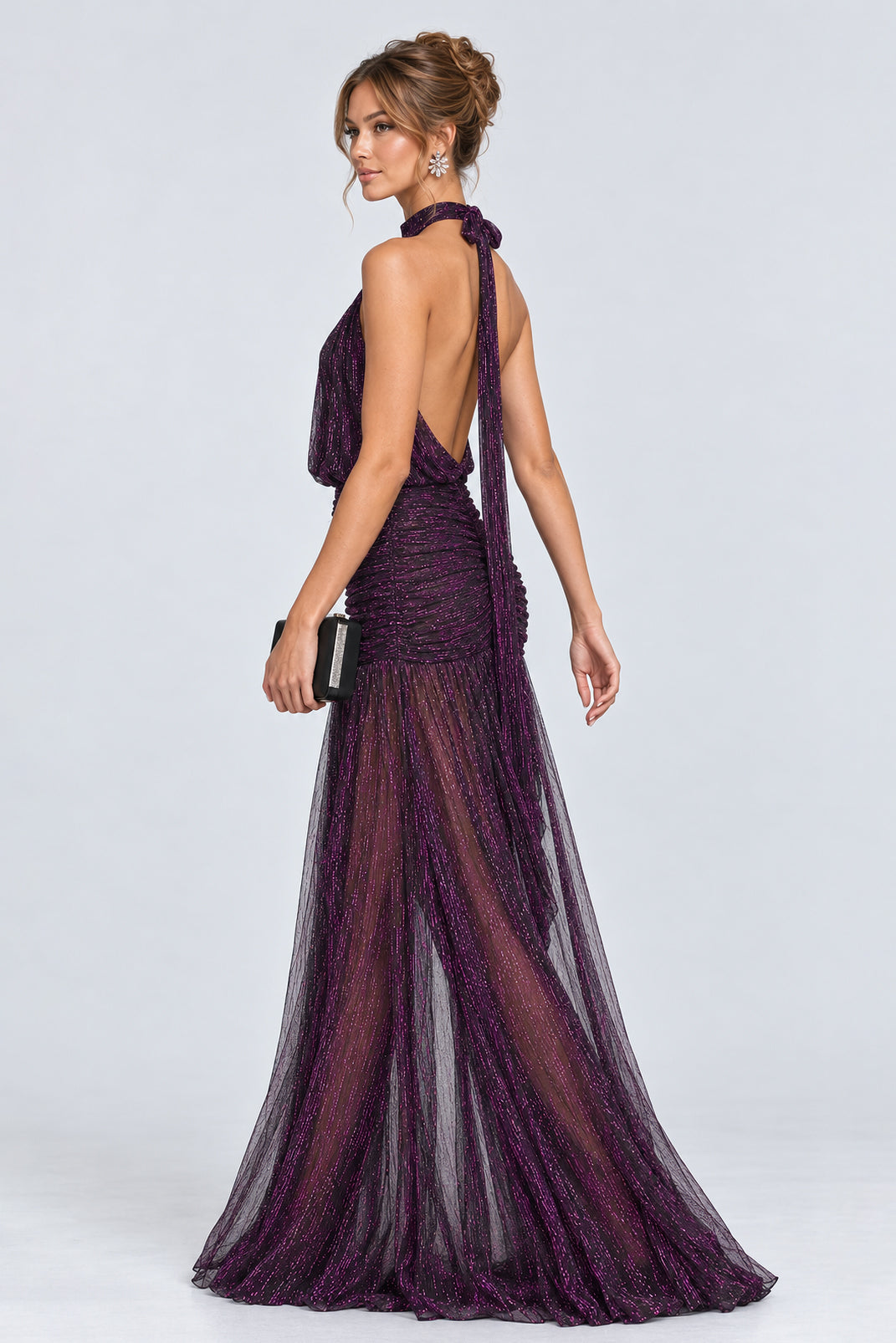 Glitter Halter Backless Ruched Semi-Sheer Maxi Dresses-Purple [Pre Order]