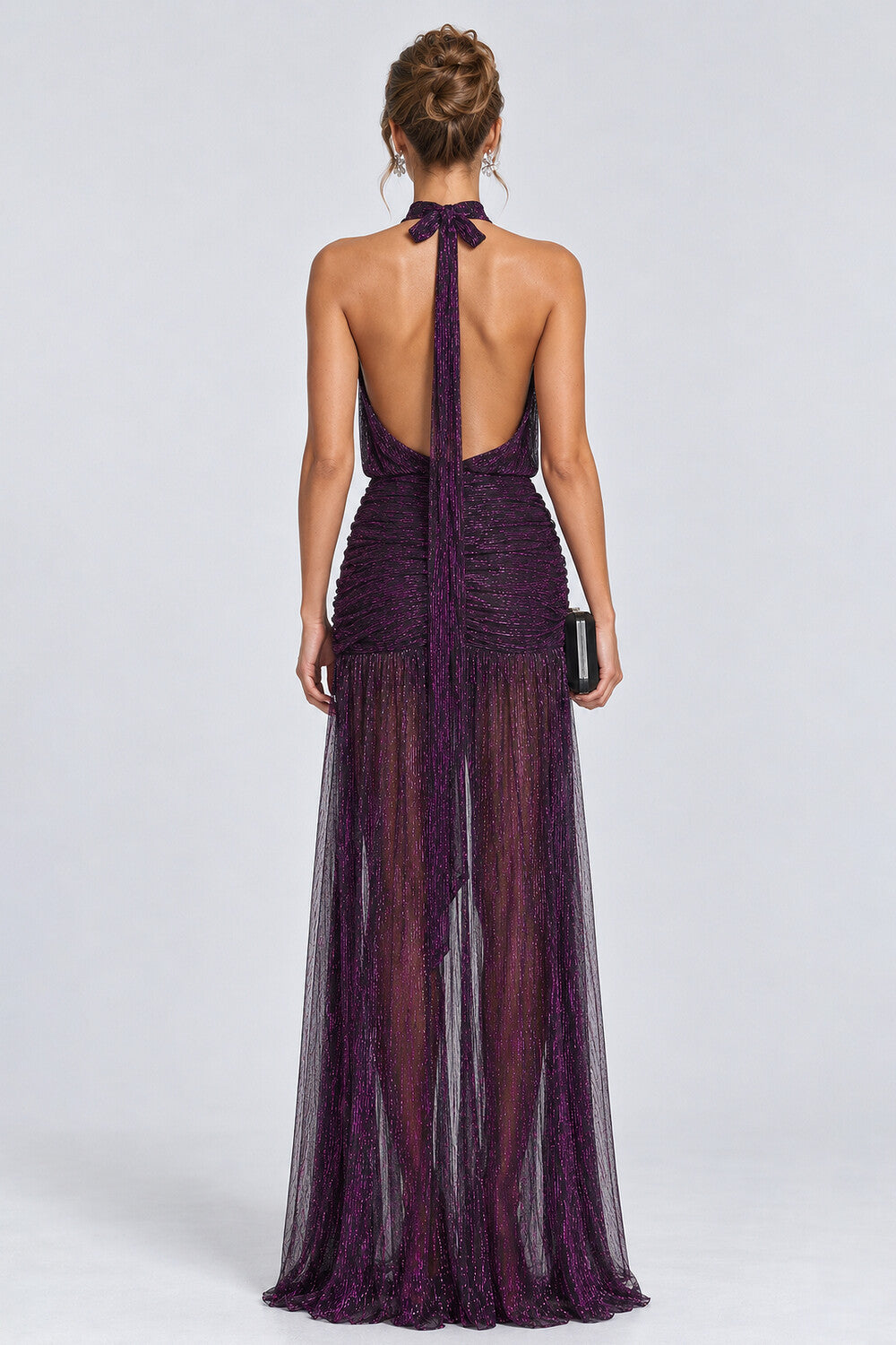 Glitter Halter Backless Ruched Semi-Sheer Maxi Dresses-Purple [Pre Order]