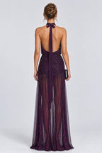Glitter Halter Backless Ruched Semi-Sheer Maxi Dresses-Purple [Pre Order]