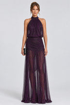 Glitter Halter Backless Ruched Semi-Sheer Maxi Dresses-Purple [Pre Order]