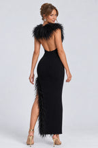 Ribbed Knit Feather Trim V Neck Open Back Slit Midi Dresses-Black [Pre Order]