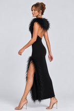 Ribbed Knit Feather Trim V Neck Open Back Slit Midi Dresses-Black [Pre Order]