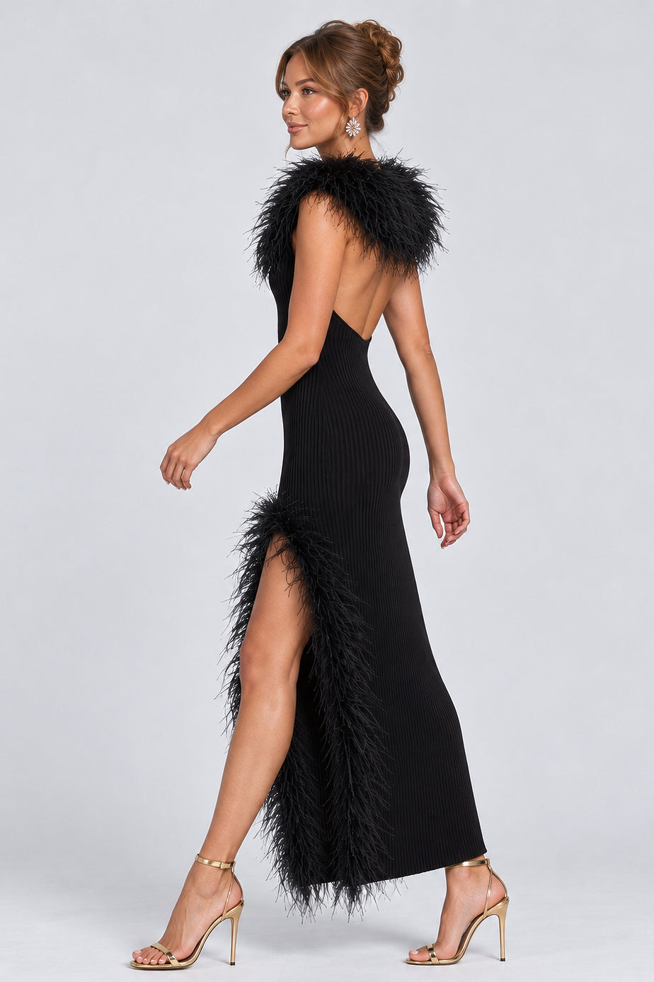 Ribbed Knit Feather Trim V Neck Open Back Slit Midi Dresses-Black [Pre Order]