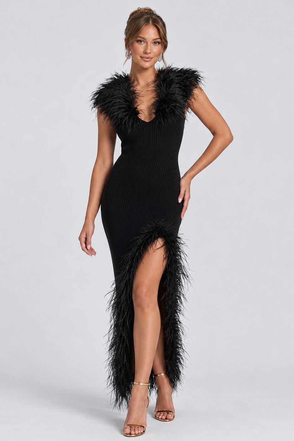 Ribbed Knit Feather Trim V Neck Open Back Slit Midi Dresses-Black [Pre Order]