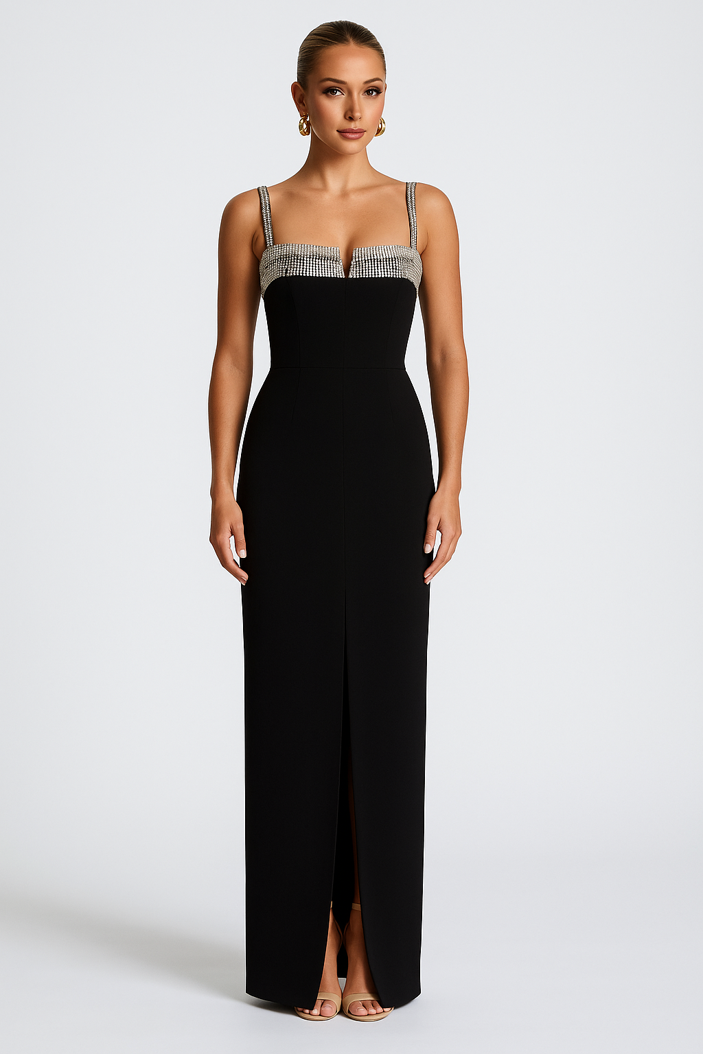 Diamante Straps Rhinestone Notch Neck Party Maxi Dresses-Black [Pre Order]