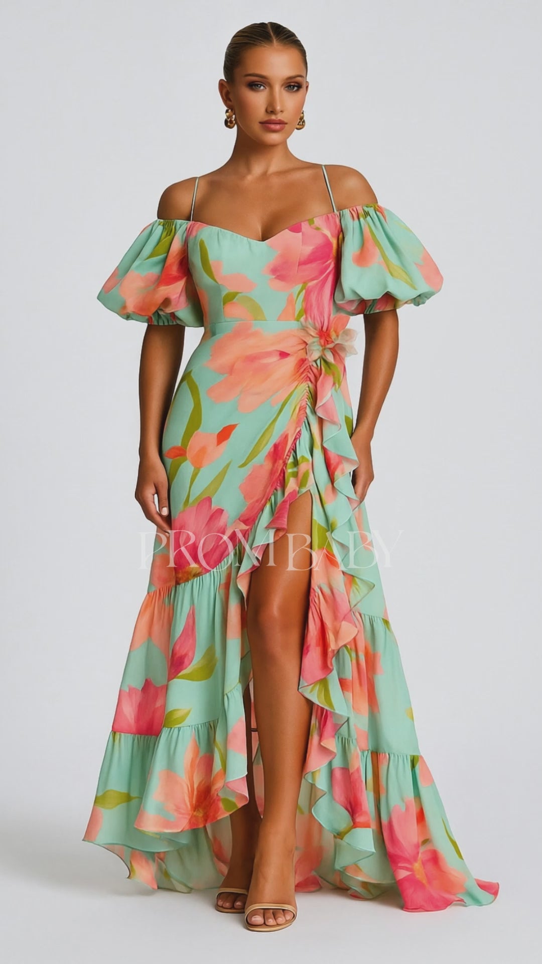 Puff Sleeve Cami Ruffle Slit Floral Vacay Maxi Dresses-Aquamarine [Pre Order]