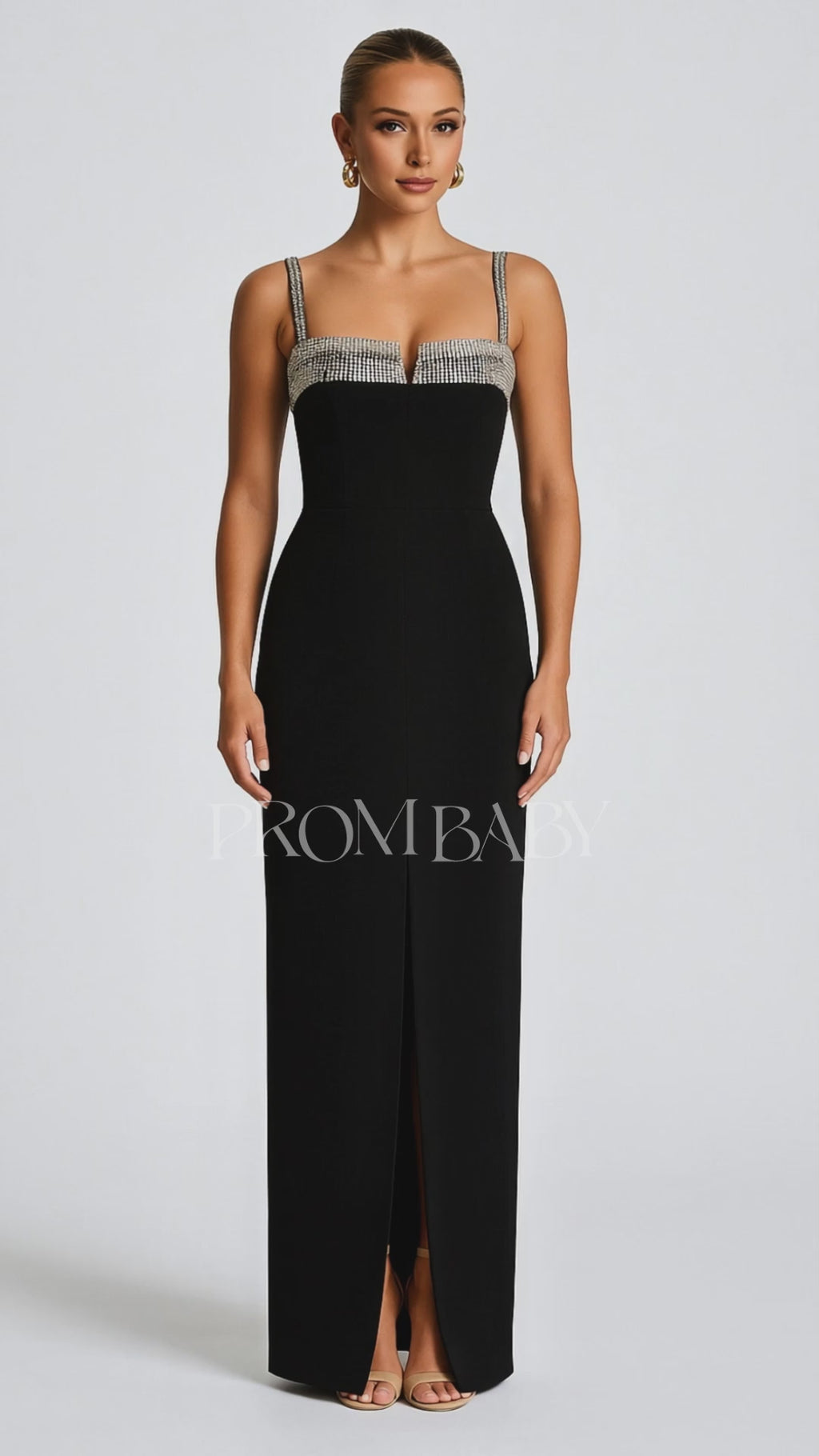 Diamante Straps Rhinestone Notch Neck Party Maxi Dresses-Black [Pre Order]