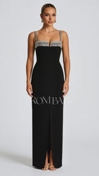 Diamante Straps Rhinestone Notch Neck Party Maxi Dresses-Black [Pre Order]