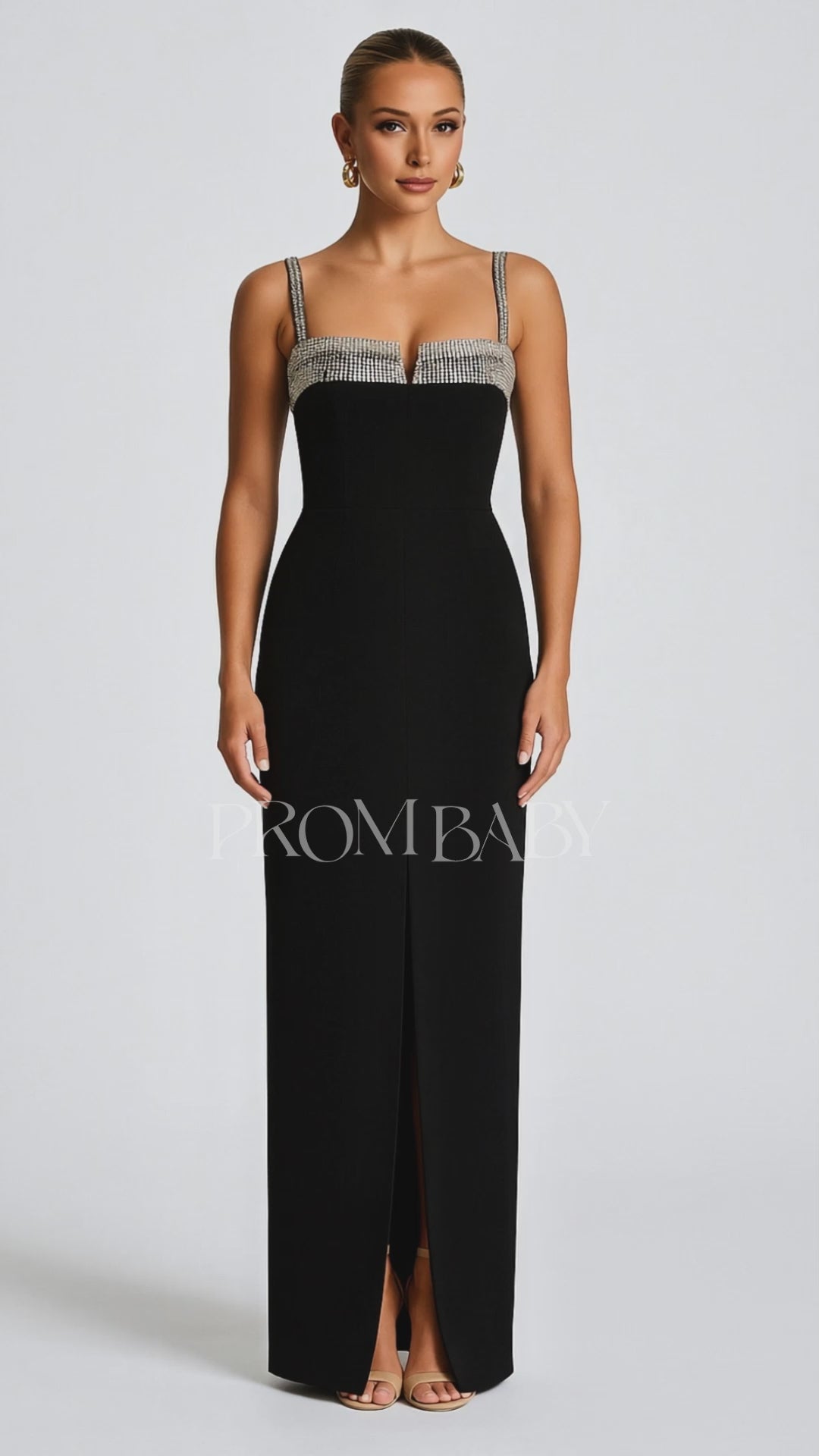 Diamante Straps Rhinestone Notch Neck Party Maxi Dresses-Black [Pre Order]
