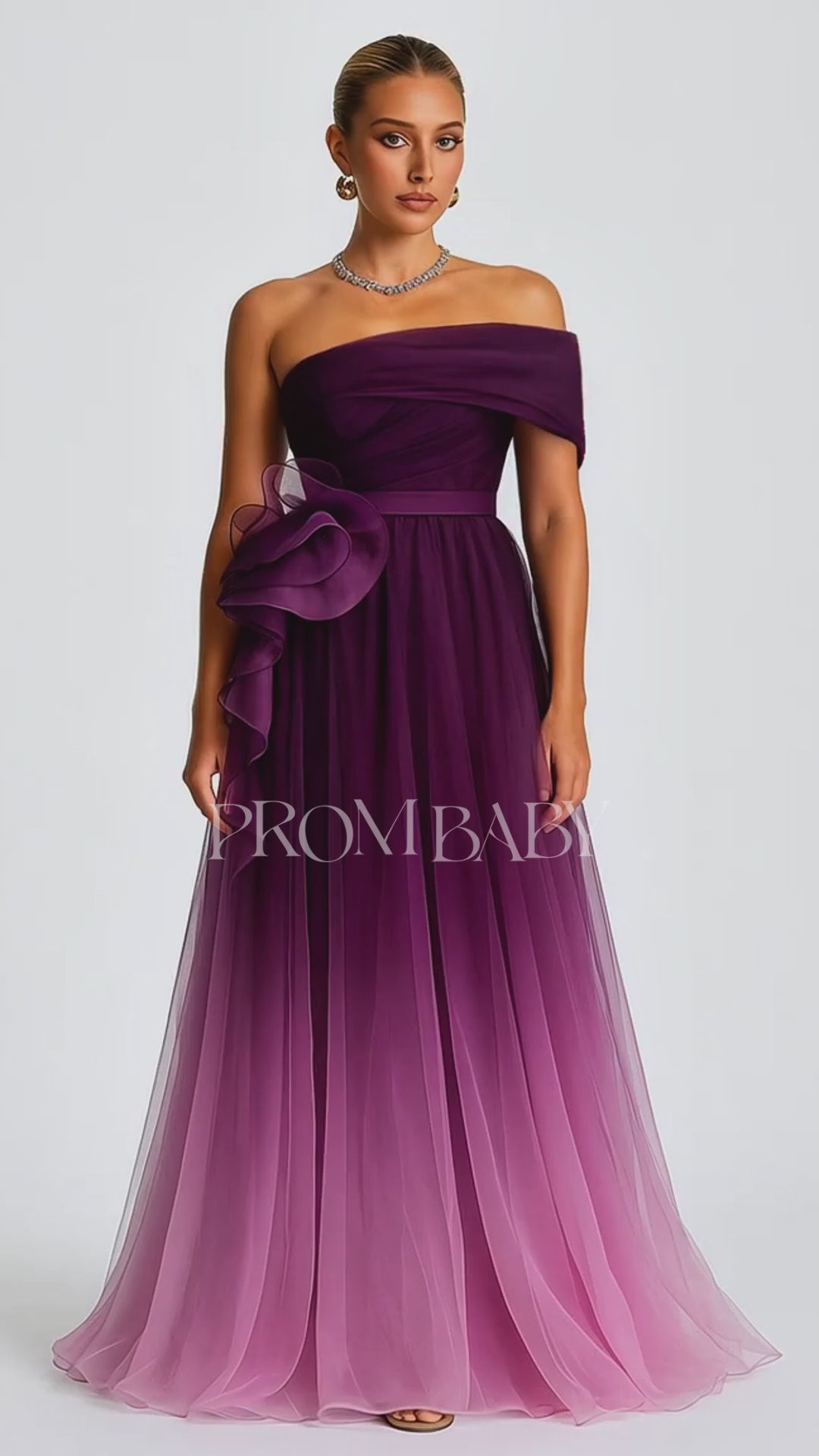 Off Shoulder Ombre Mesh Ruffle Formal Party Maxi Dresses-Purple [Pre Order]