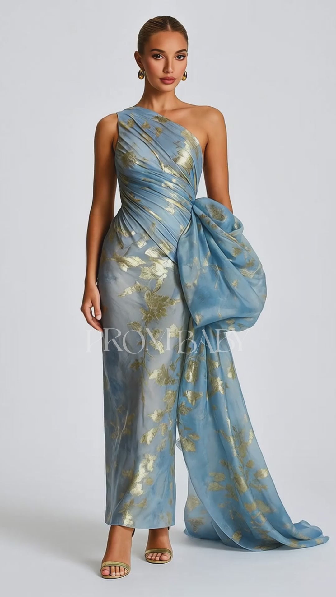 One Shoulder Sash Floral Foil Pattern Party Maxi Dresses-Blue [Pre Order]